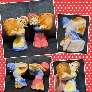 Lot 2 Vtg Royal Copley Dutch boy & girl pair lil planters MCM